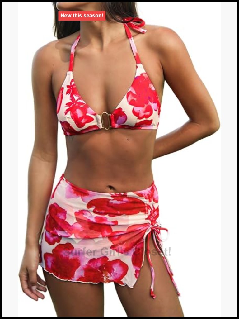 Halter Three Piece Bikini Set With Mesh Sarong Skirt
